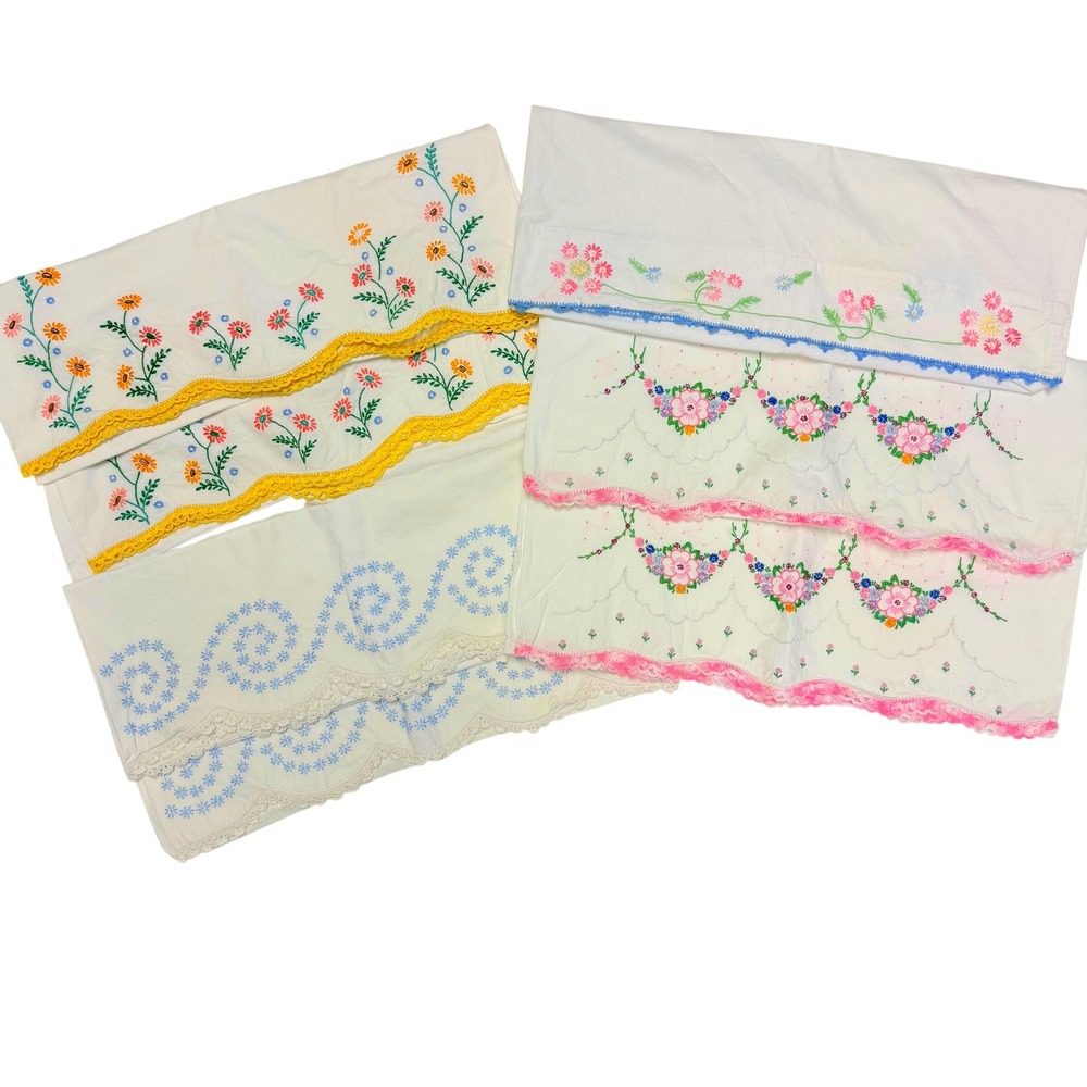 Vintage Hand Embroidered Floral Pillowcase Set 7pc